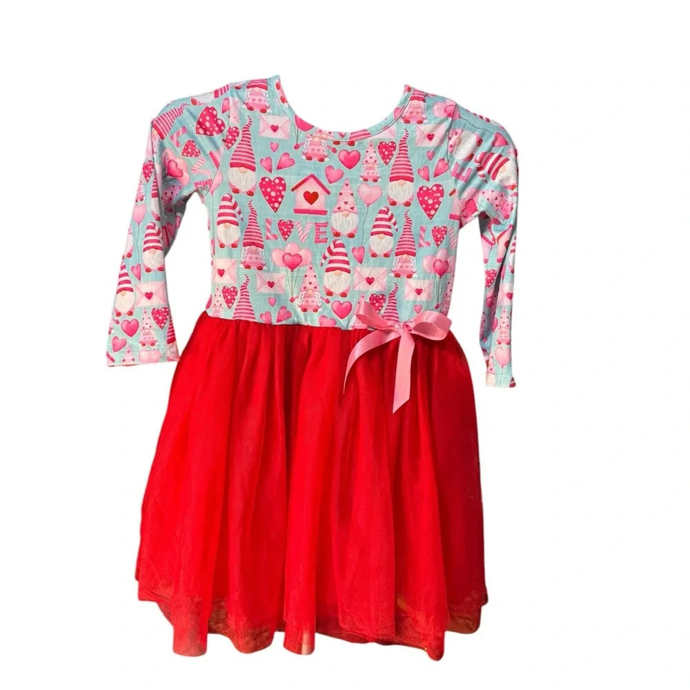 Pete & Lucy Pink/Blue/Red and heart and gnome  Tulle Dress 7/8 k136